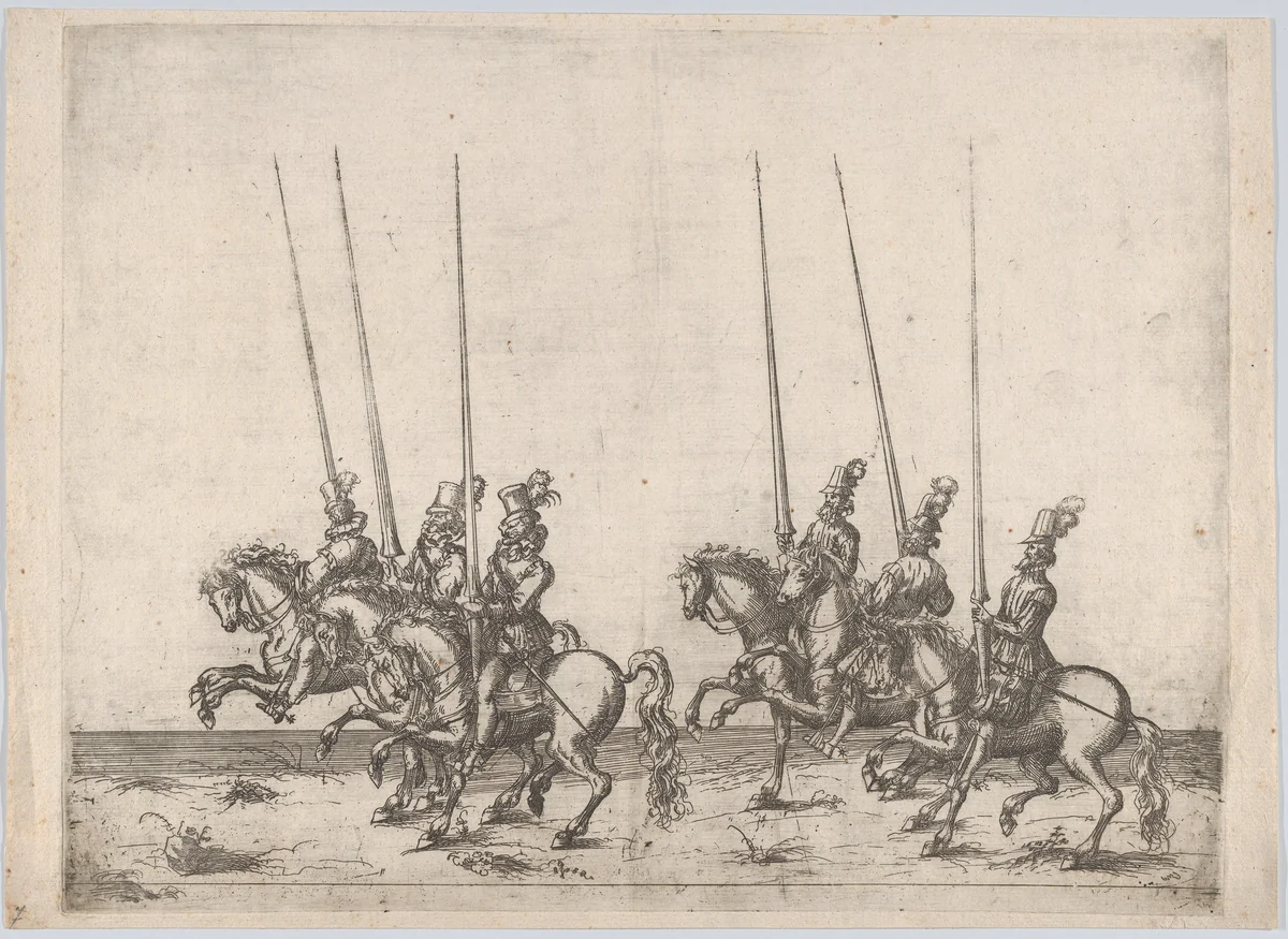 Procession, with six men riding horses by anonymous, print, 1500-1599