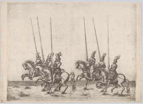 Procession, with six men riding horses by anonymous, print, 1500-1599