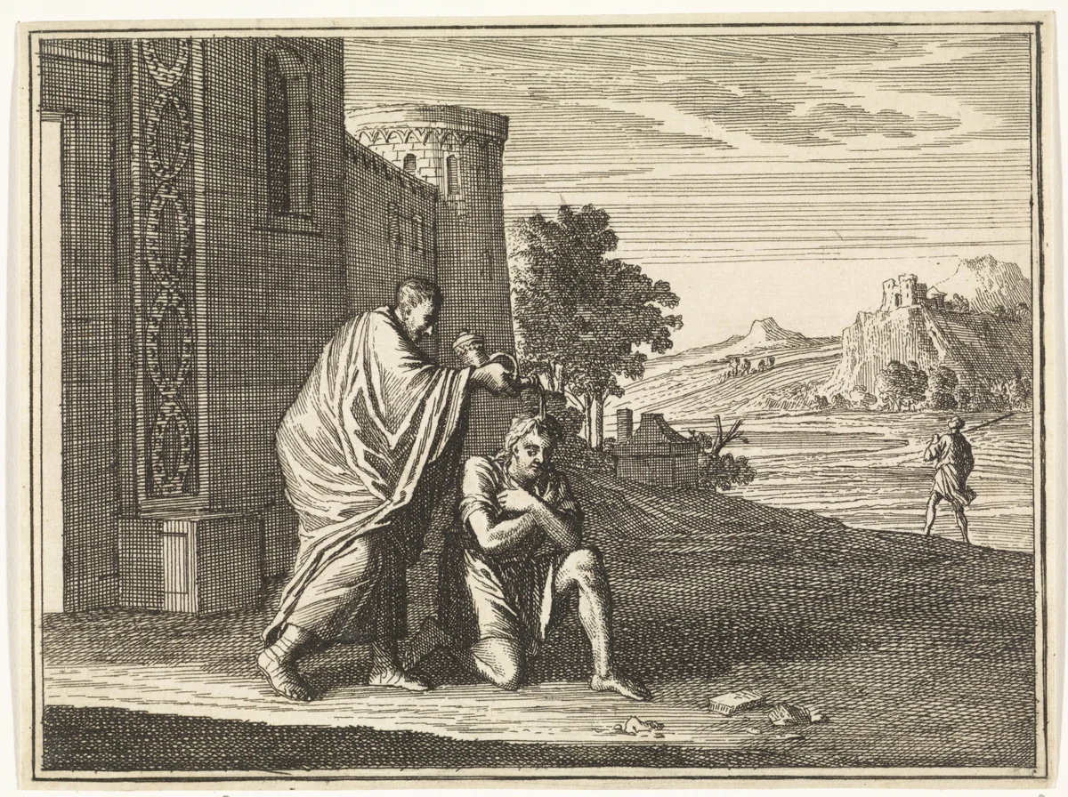 Samuel zalft Saul tot koning by Caspar Luyken, print, 1712