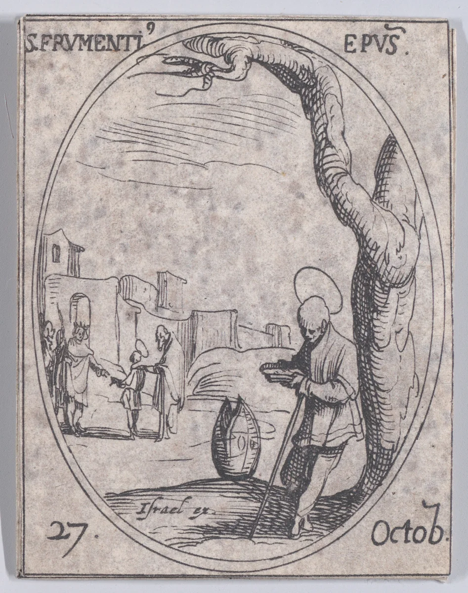 S. Frumence, évêque (St. Frumentius, Bishop), October 27th, from "Les Images De Tous Les Saincts et Saintes de L'Année" (Images of All of the Saints and Religious Events of the Year) by Jacques Callot, print, 1636