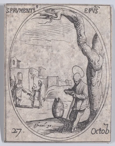 S. Frumence, évêque (St. Frumentius, Bishop), October 27th, from "Les Images De Tous Les Saincts et Saintes de L'Année" (Images of All of the Saints and Religious Events of the Year) by Jacques Callot, print, 1636