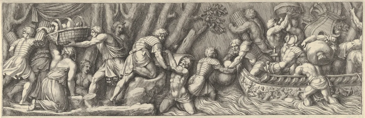 Plate 5: figures unloading goods from a boat at the right by Pietro Santi Bartoli, print, 1655-1665