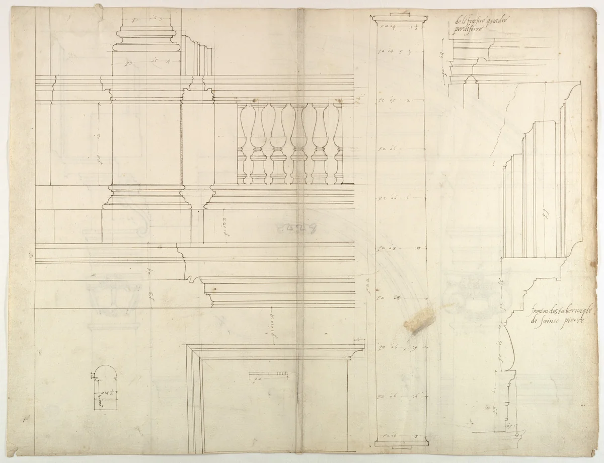 St. Peter's, exterior, tabernacle, elevation and section at base with details of pedestal and railing, (recto) St. Peter's, exterior, tabernacle, elevation and section at arched opening (verso) by anonymous, drawing, 1500-1560