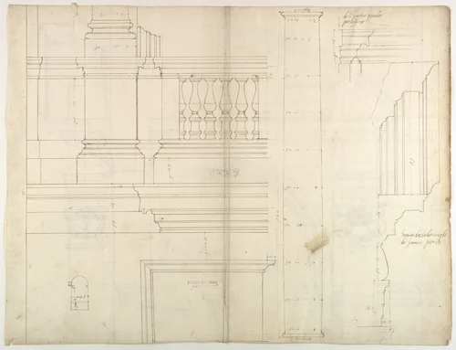 St. Peter's, exterior, tabernacle, elevation and section at base with details of pedestal and railing, (recto) St. Peter's, exterior, tabernacle, elevation and section at arched opening (verso) by anonymous, drawing, 1500-1560