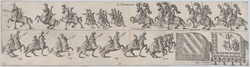 Plate for Sr. Bernardino Savello, from a series of twelve showing knights and their attendants dressed for a tournament (plate 11) by anonymous, print, 1565