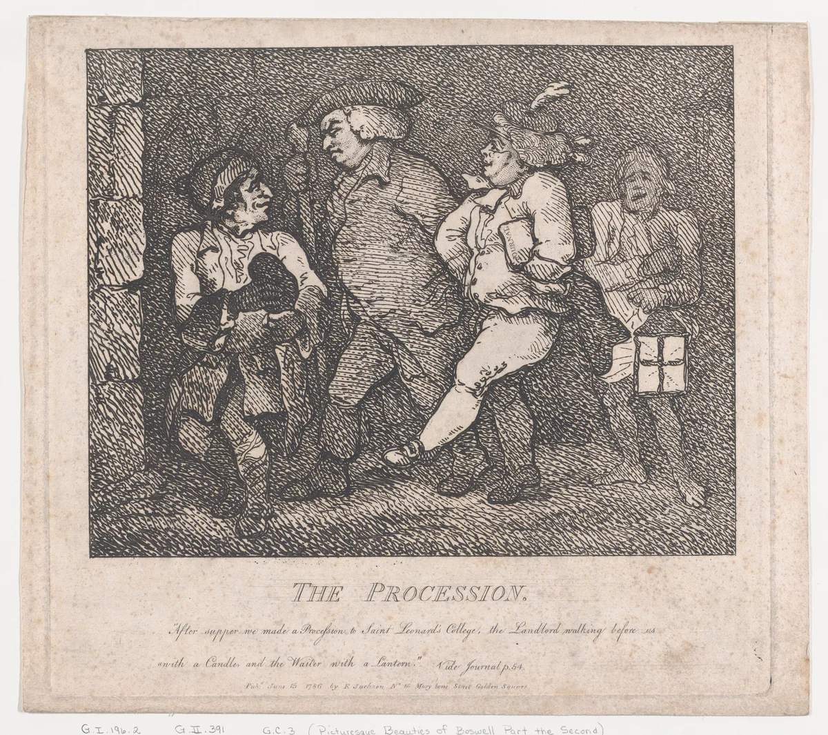 The Procession (Picturesque Beauties of Boswell, Part the Second) by Thomas Rowlandson, print, 1786