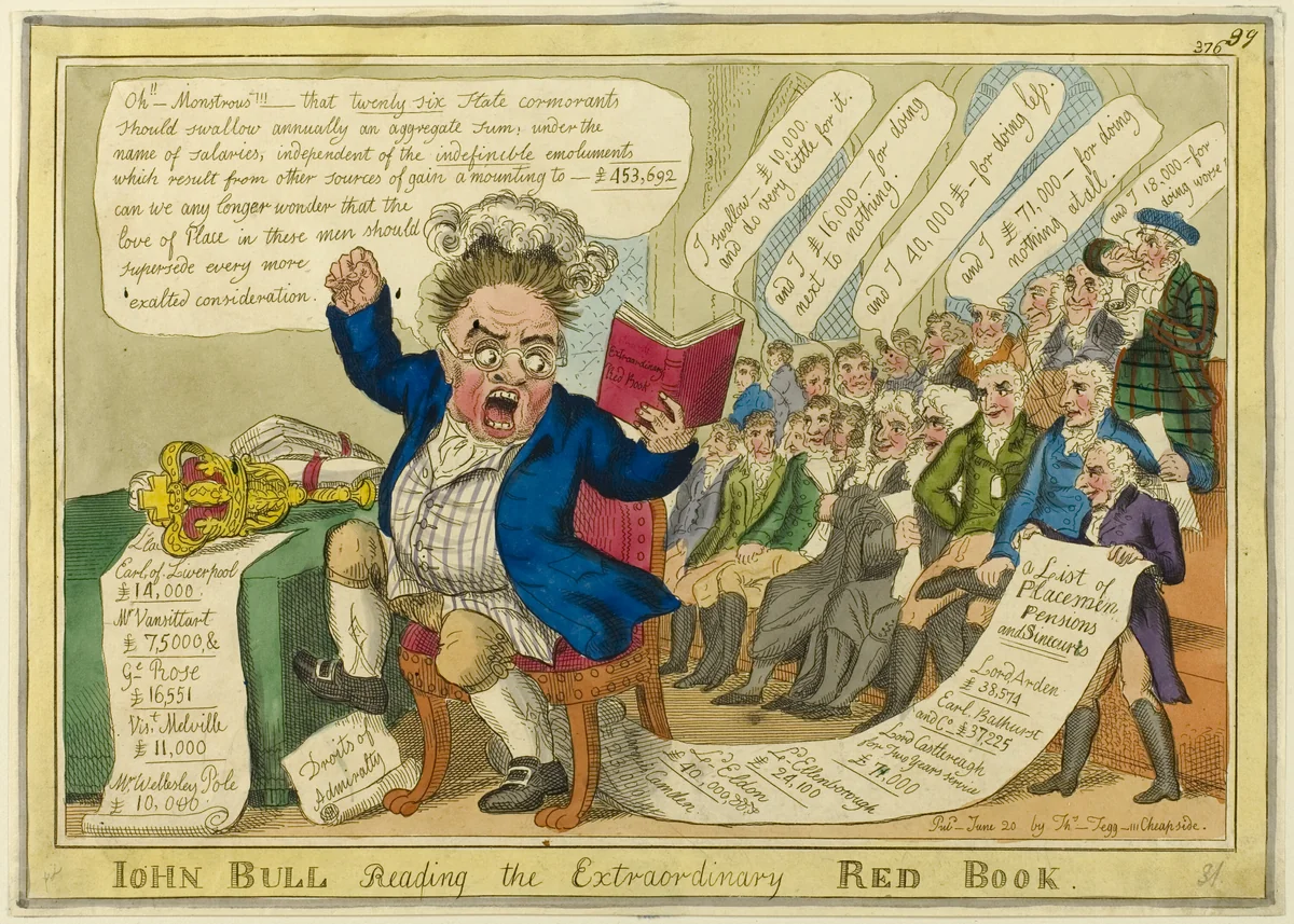 John Bull Reading the Extraordinary Red Book by William Elmes, print, 1816