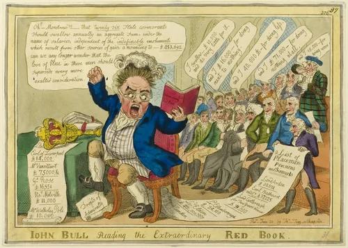 John Bull Reading the Extraordinary Red Book by William Elmes, print, 1816