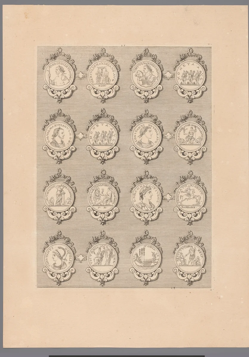 Zestien penningen met versierde lijsten by Simon de la Boissière, print, 1647-1682