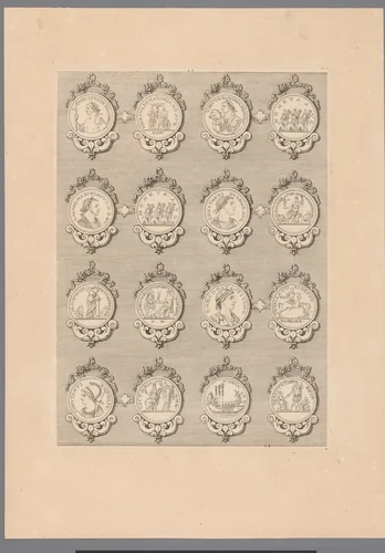 Zestien penningen met versierde lijsten by Simon de la Boissière, print, 1647-1682