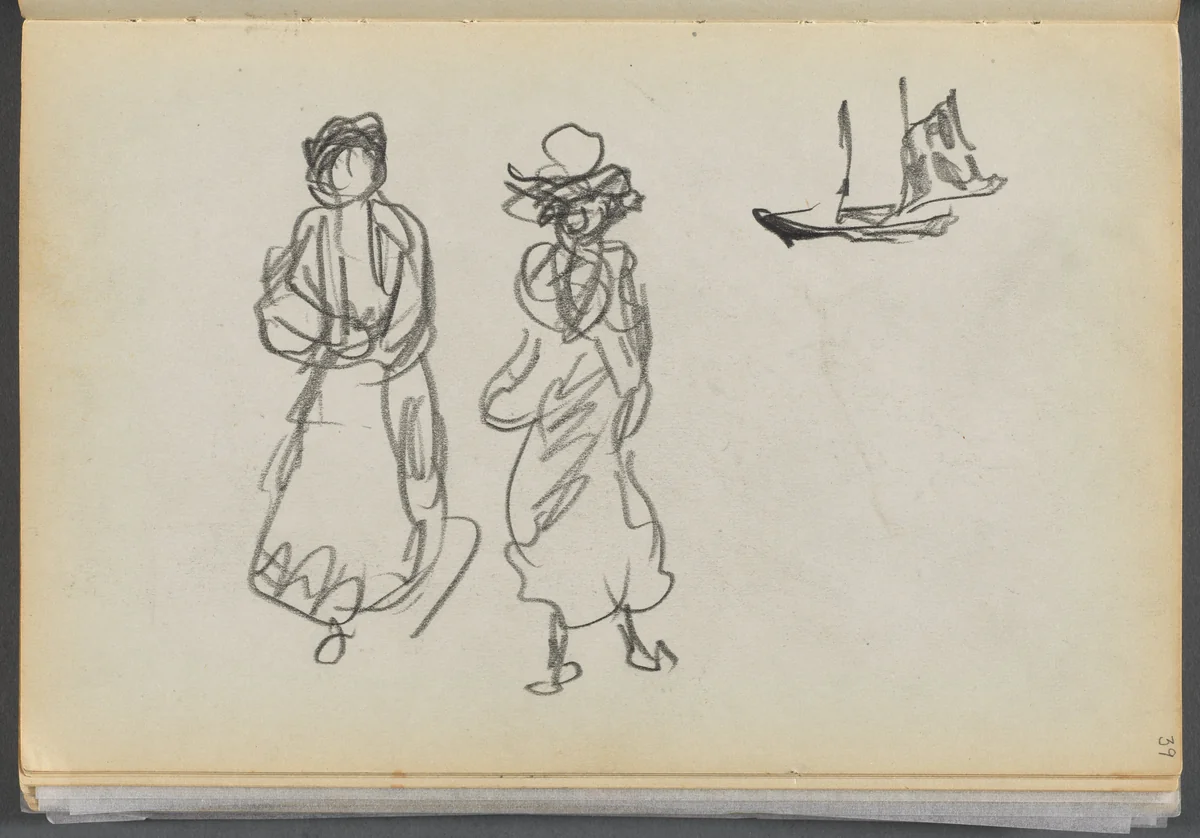 Sketchbook- The Granite Shore Hotel, Rockport, page 039: Two Figures and a Sailboat by Maurice Prendergast, book, 1905-1910