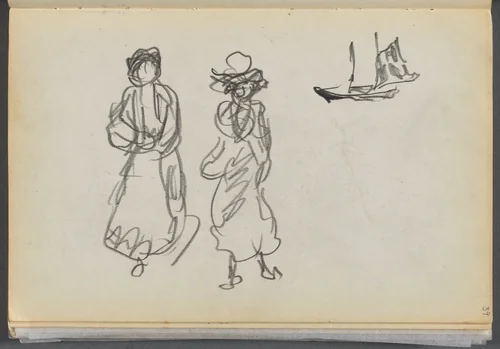 Sketchbook- The Granite Shore Hotel, Rockport, page 039: Two Figures and a Sailboat by Maurice Prendergast, book, 1905-1910