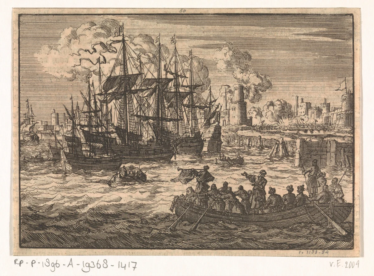 Haven van Salé met de Engelse vloot en een sloep Turken, 1638 by Jan Luyken, print, 1698