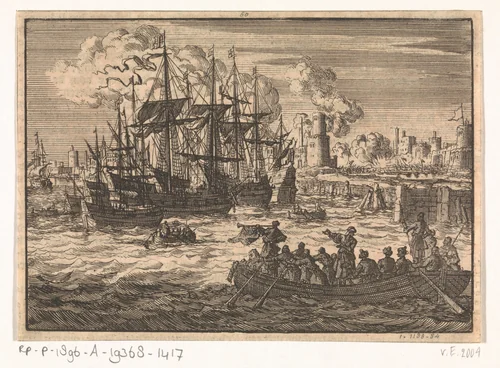 Haven van Salé met de Engelse vloot en een sloep Turken, 1638 by Jan Luyken, print, 1698