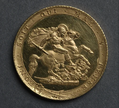 Sovereign: St. George Slaying the Dragon, within the Garter of the Order (reverse) by Benedetto Pistrucci, metalwork, 1817