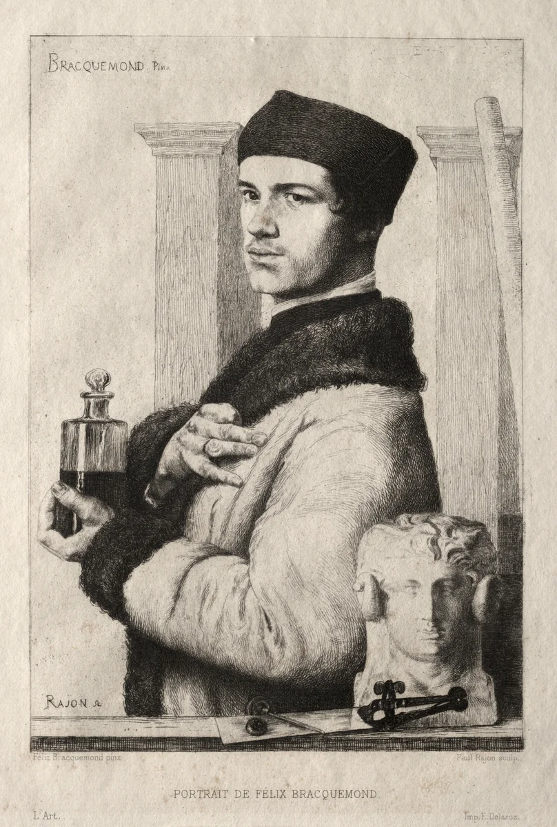 Portrait of Félix Bracquemond by Paul Rajon, print, 1878