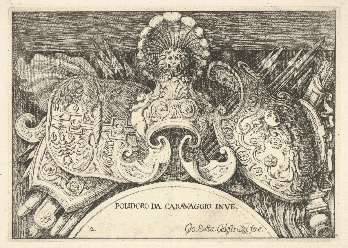 Plate 2: trophies of Roman arms from decorations above the windows on the second floor of the Palazzo Milesi in Rome by Giovanni Battista Galestruzzi, print, 1656-1658