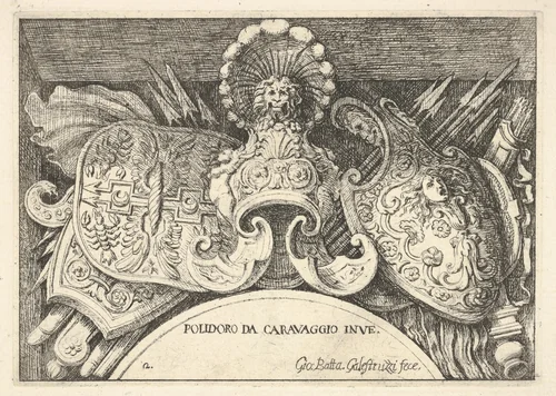 Plate 2: trophies of Roman arms from decorations above the windows on the second floor of the Palazzo Milesi in Rome by Giovanni Battista Galestruzzi, print, 1656-1658