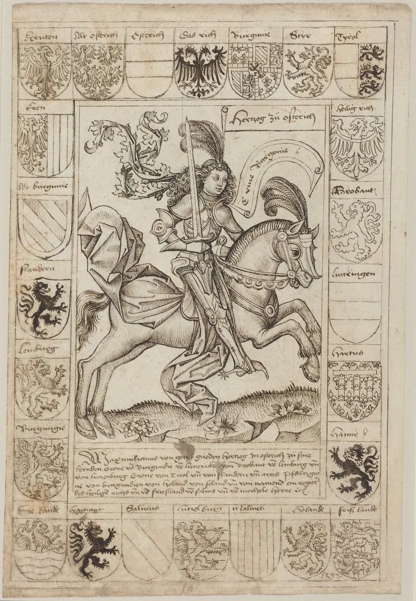 Maximilian, Duke of Austria, on Horseback by Primary Master of the Strassburg Chronicle, drawing, 1492-1493