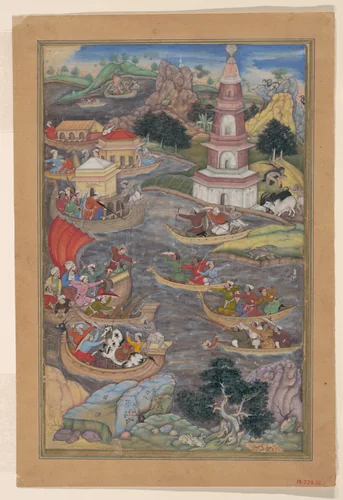 "Alexander Fights a Sea Battle", Folio from a Khamsa (Quintet) of Amir Khusrau Dihlavi by Amir Khusrau, manuscript, 1575-1625