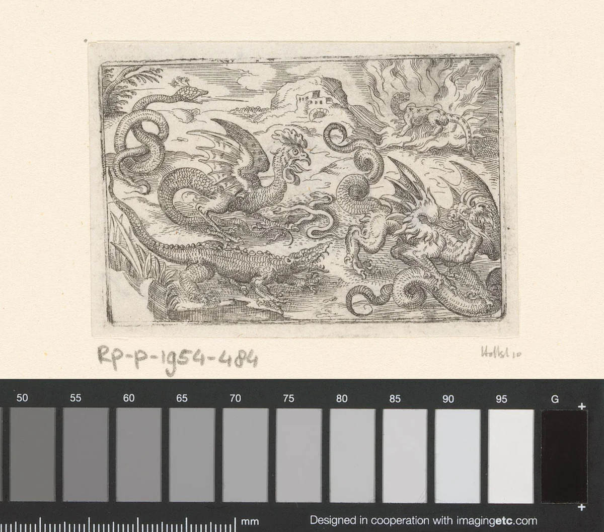 Drie slangen, een krokodil, een basilisk, een griffioen en een salamander omringd door vuur by Stephan Herman, print, 1578-1596