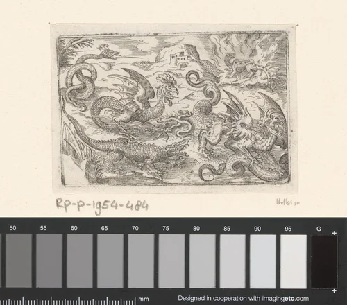 Drie slangen, een krokodil, een basilisk, een griffioen en een salamander omringd door vuur by Stephan Herman, print, 1578-1596