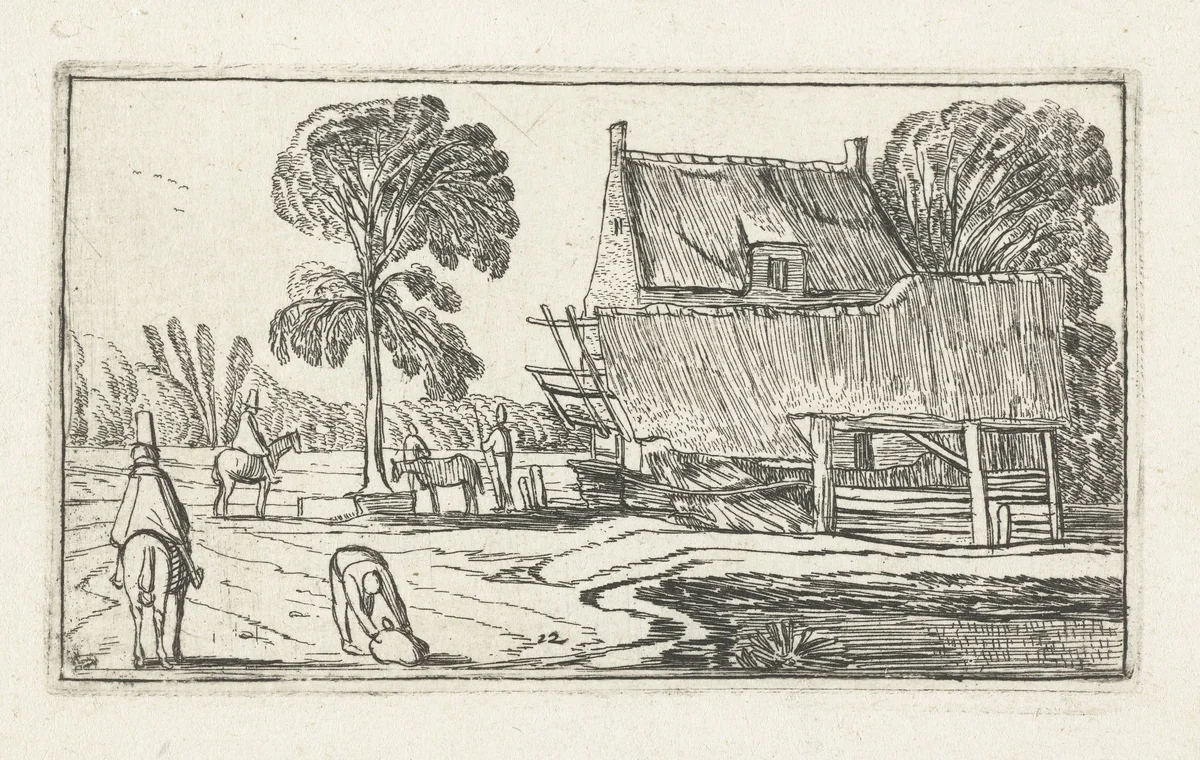 Ruiter op pad langs een boerderij by anonymous, print, 1610-1617