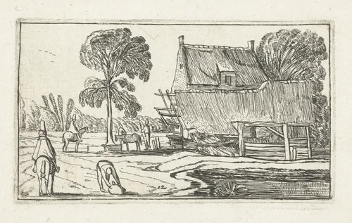 Ruiter op pad langs een boerderij by anonymous, print, 1610-1617