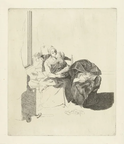 Moeder met slapend kind voor het raam by Louis Bernard Coclers, print, 1756-1817