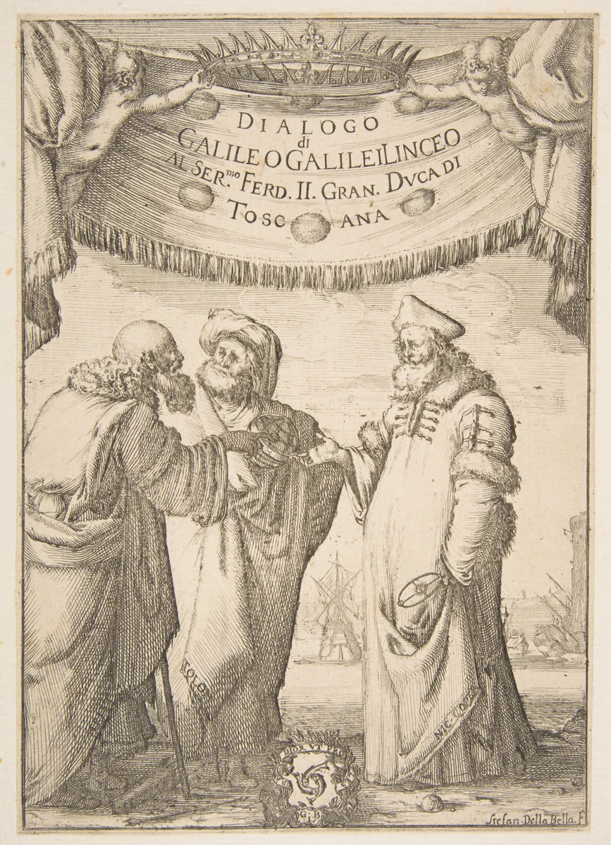 Frontispiece for Dialogo di Galileo Galilei by Stefano della Bella, print, 1632