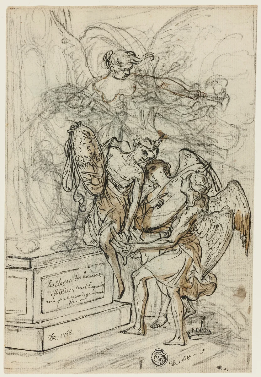 Allegory in Honor of King Stanislas Leczynski (recto); Sketch of Standing Man with Outstretched Arms (verso) by Claude Louis Desrais or Louis Jean Jacques Durameau, drawing, 1753-1816
