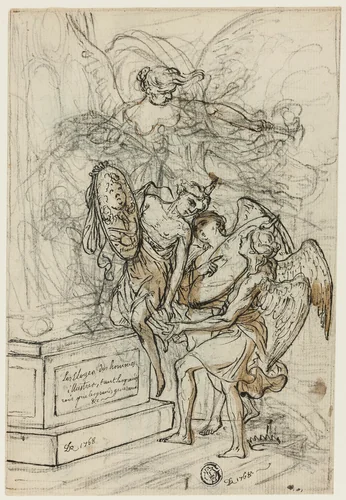 Allegory in Honor of King Stanislas Leczynski (recto); Sketch of Standing Man with Outstretched Arms (verso) by Claude Louis Desrais or Louis Jean Jacques Durameau, drawing, 1753-1816
