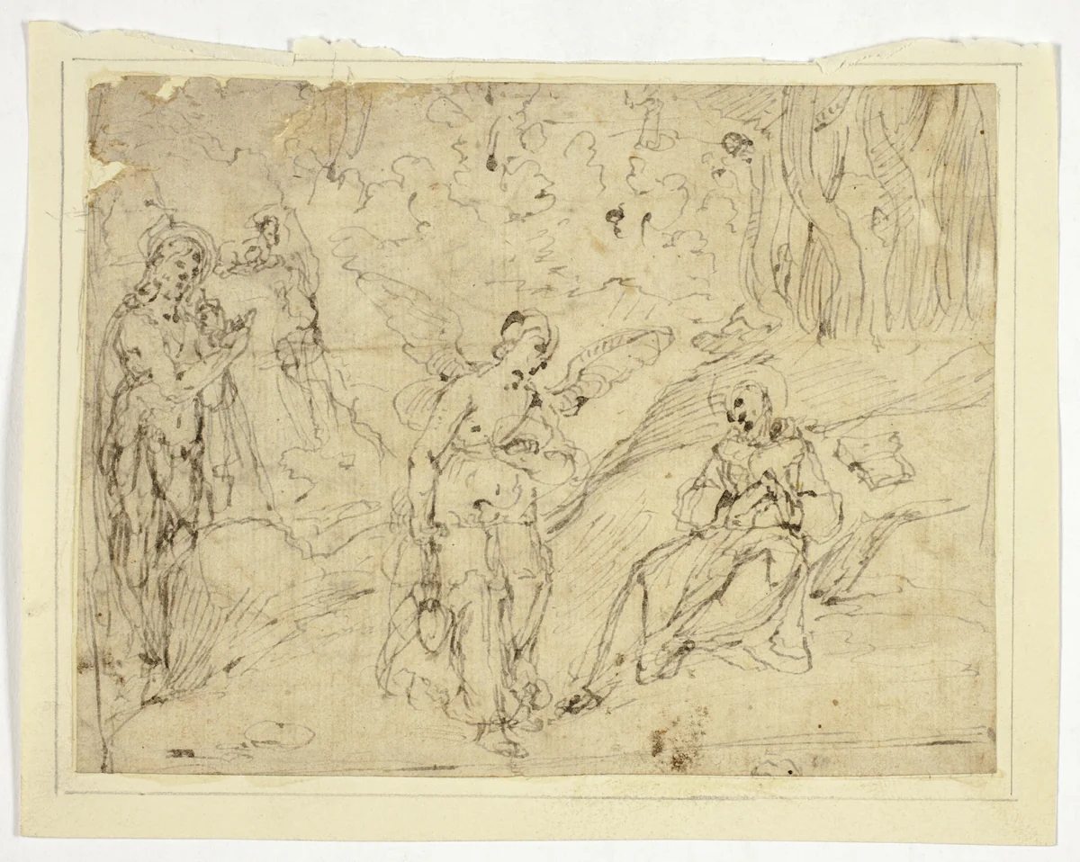 Angel Appearing to Saint Francis of Assisi, with Saint John the Baptist in the Background (recto); Saint Francis Supported by Two Angels, with Sketch of Upper Portion of Monk's Habit by Unknown Italian Marchigian, drawing, 1580-1599
