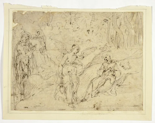 Angel Appearing to Saint Francis of Assisi, with Saint John the Baptist in the Background (recto); Saint Francis Supported by Two Angels, with Sketch of Upper Portion of Monk's Habit by Unknown Italian Marchigian, drawing, 1580-1599