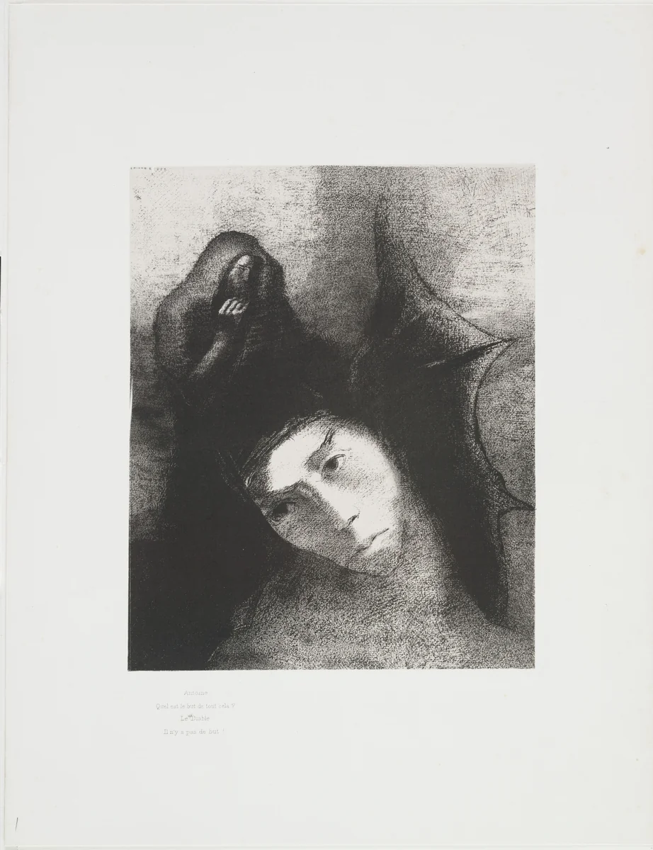 Anthony: What Is the Point of All This? The Devil: There Is No Point! (Antoine: Quel est le but de tout cela? Le Diable: Il n'y a pas de but!) from The Temptation of Saint Anthony (La Tentation de Saint-Antoine) by Odilon Redon, print, 1896