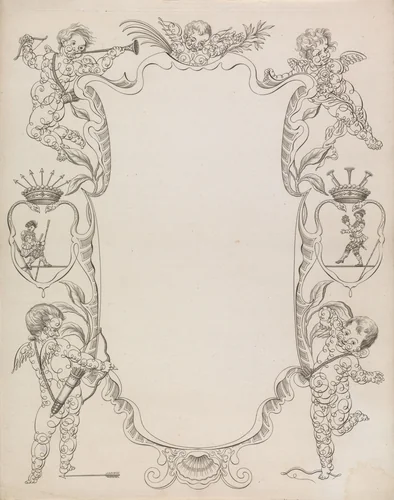 Wensbrief met putti en koorddansers by anonymous, print, 1700-1899
