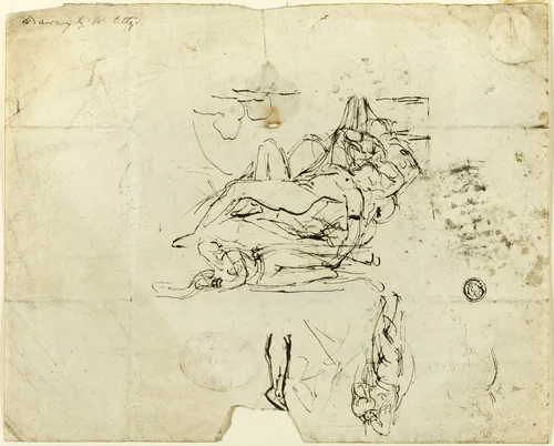 Sketches of Reclining Female Nude and Amorous Couple by William Etty, drawing, 1807-1849