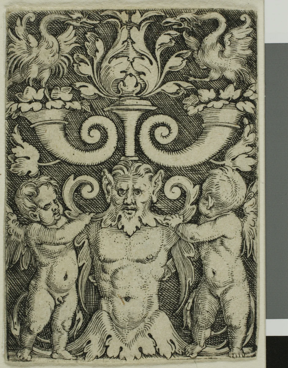 Ornament with a Male Half-Length Between Two Genii by Barthel Beham, print, 1522-1540