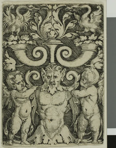 Ornament with a Male Half-Length Between Two Genii by Barthel Beham, print, 1522-1540