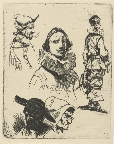 Studieblad met soldaten en een oude vrouw by Willem Pieter Hoevenaar, print, 1818-1863