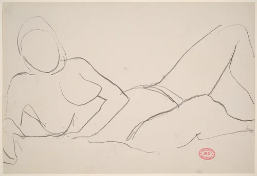 Untitled [reclining nude leaning on right arm] by Richard Diebenkorn, drawing, 1955-1967