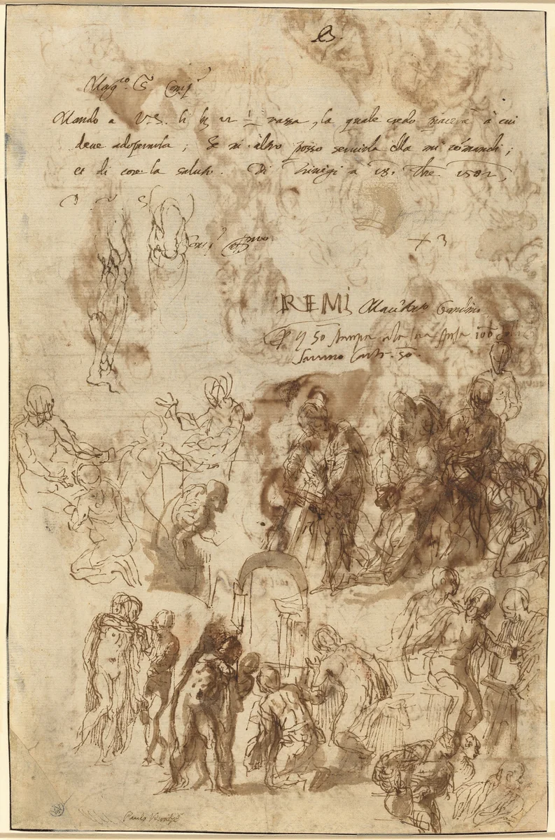 Studies for the Raising of Lazarus and Other Compositions [verso] by Veronese, drawing, 1582