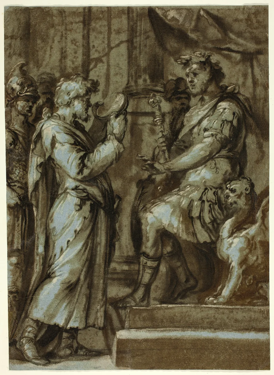 Magician Making a Prediction to an Emperor (recto); Male Nude Carrying a Load (verso) by Luca Giordano, drawing, 1600-1699