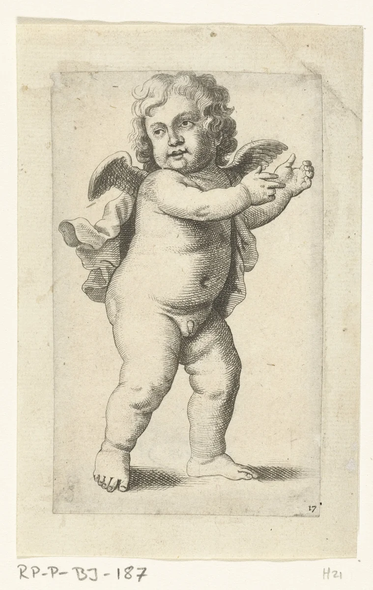 Staand engeltje met armen naar rechts by Pieter van Avont, print, 1630-1652