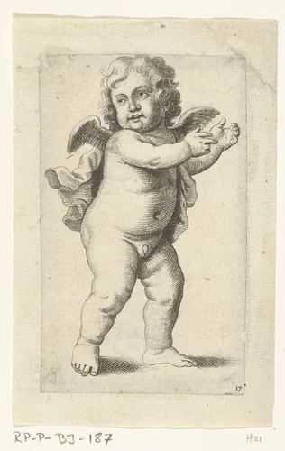 Staand engeltje met armen naar rechts by Pieter van Avont, print, 1630-1652