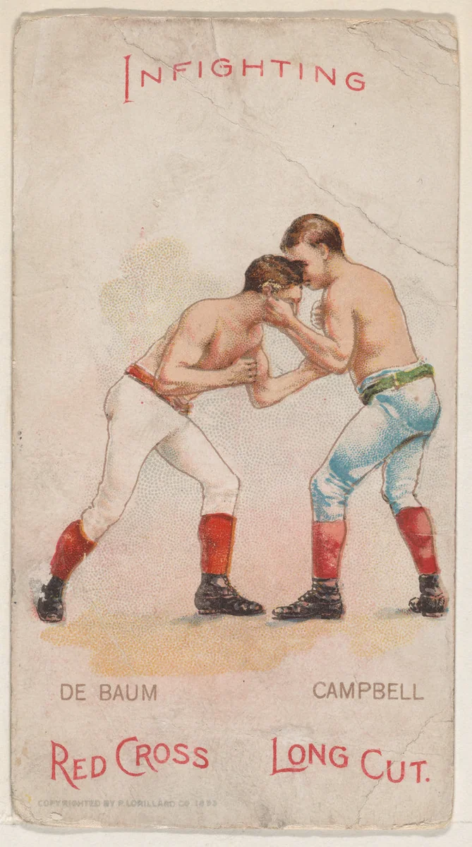 Infighting, Walter De Baum and Walter Campbell, from the Boxing Positions and Boxers series (N266) issued by P. Lorillard Company to promote Red Cross Long Cut Tobacco by P. Lorillard Company, print, 1893
