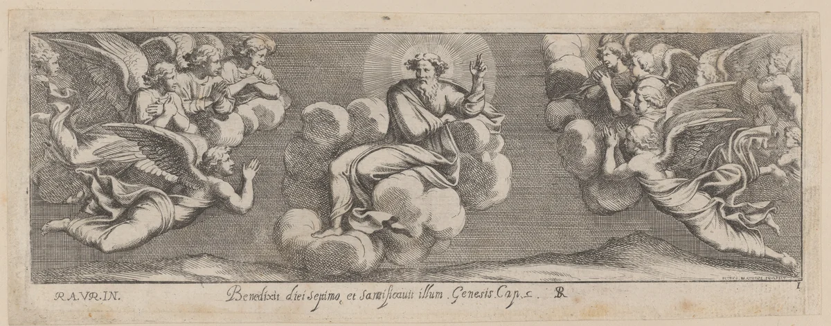 Plate 1: God Blessing on the Seventh Day, from Genesis Chapter 2, after a lost fresco in the basamento of Bay 1 of the Vatican Loggia by Pietro Santi Bartoli, print, 1650-1677