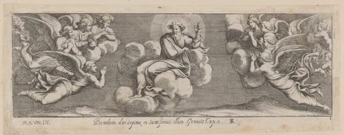 Plate 1: God Blessing on the Seventh Day, from Genesis Chapter 2, after a lost fresco in the basamento of Bay 1 of the Vatican Loggia by Pietro Santi Bartoli, print, 1650-1677