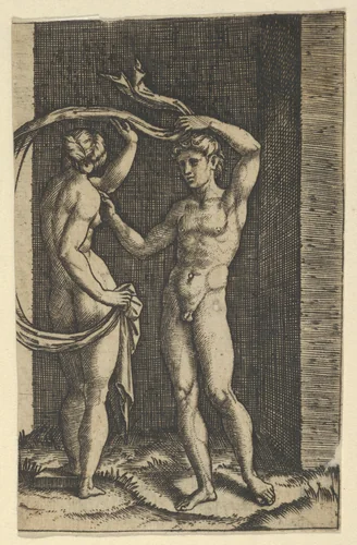 Nude woman viewed from behind holding fabric which blows behind her, looking at male nude standing in contrapposto in front of her. by Marcantonio Raimondi, print, 1495-1539