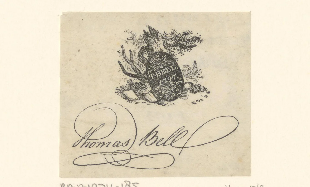 Ex libris van Thomas Bell by Thomas Bewick, print, 1797